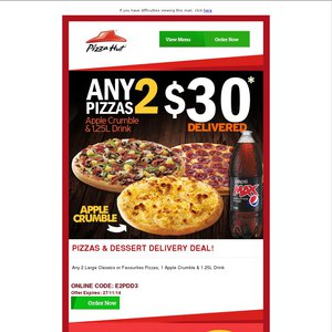 50%OFF 2 Pizzas + Apple Crumble + 1.25l Drink Deals and Coupons