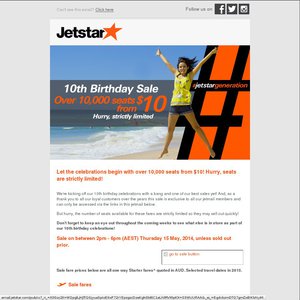 50%OFF Jetstar 10th Birthday Sale Deals and Coupons