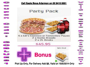 50%OFF EAGLE BOYS ARTARMON - 4x Large Pizzas + 2x 2L Coke + 2x Garlic Breads with Bonus Garlic Bread Deals and Coupons