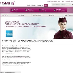 10%OFF  flights from Melbourne or Perth via  Qatar Airways Deals and Coupons