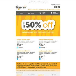 50%OFF Flights from Tiger Air Deals and Coupons