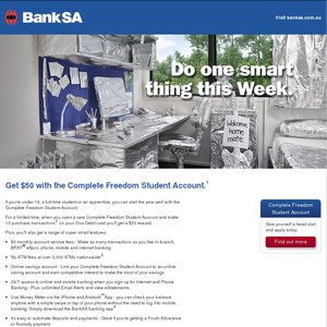 50%OFF $50 Cashback for New BankSA Freedom Student Accounts Deals and Coupons